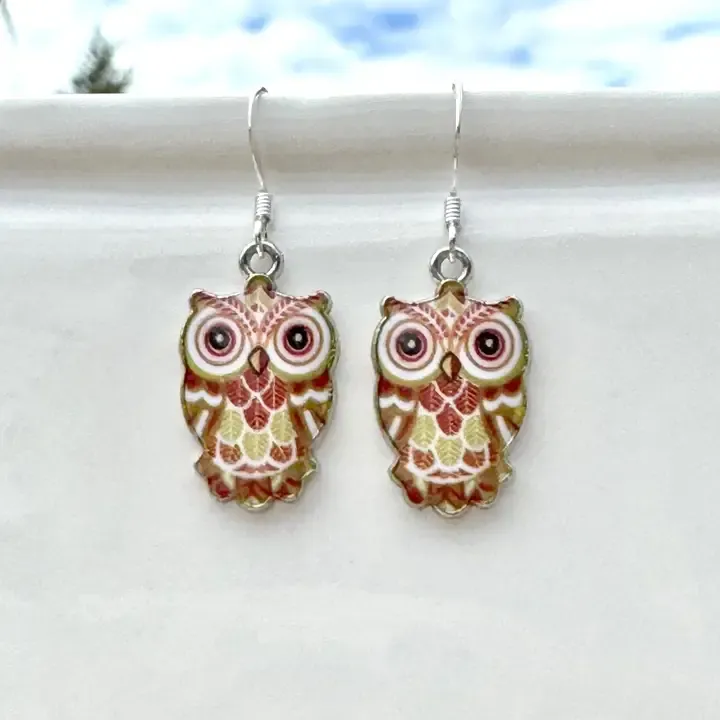 Metal Enameled Owl Brown Earrings Metal Enameled Owl Brown Earrings