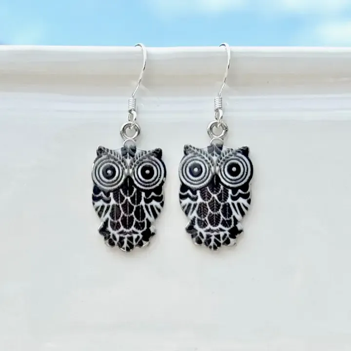 Metal Enameled Owl Black Earrings Metal Enameled Owl Black Earrings