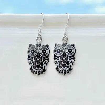 Metal Enameled Owl Black Earrings Metal Enameled Owl Black Earrings