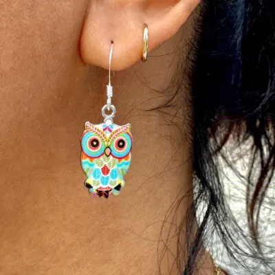 Metal Enameled Owl Turquoise Earrings Metal Enameled Owl Turquoise Earrings