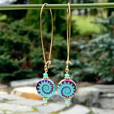 Long Loop Gold Earrings Turquoise Iris Long Loop Gold Earrings Turquoise Iris