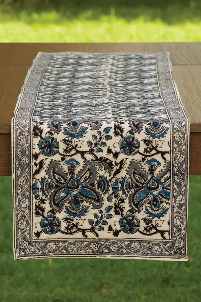 Blue &amp; Silver Kalamkari Table Runner