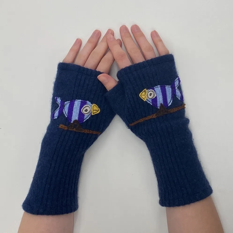 Cute Bird - Blue Fingerless Cashmere Gloves