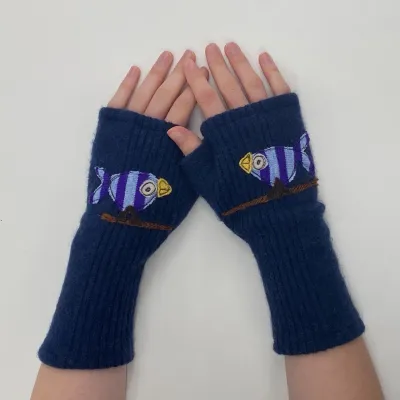 Cute Bird - Blue Fingerless Cashmere Gloves