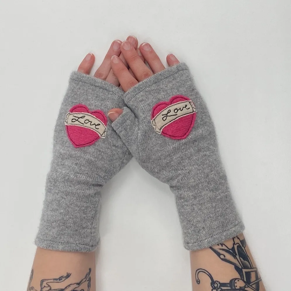 Tattoo Heart Love - Red on Grey Fingerless Cashmere Gloves