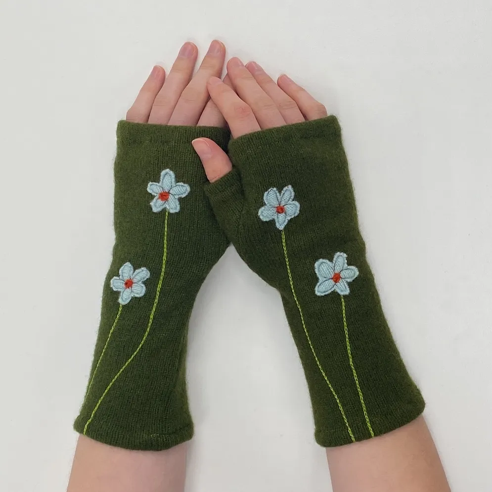 Wildflower - Blue on Olive Fingerless Cashmere Gloves