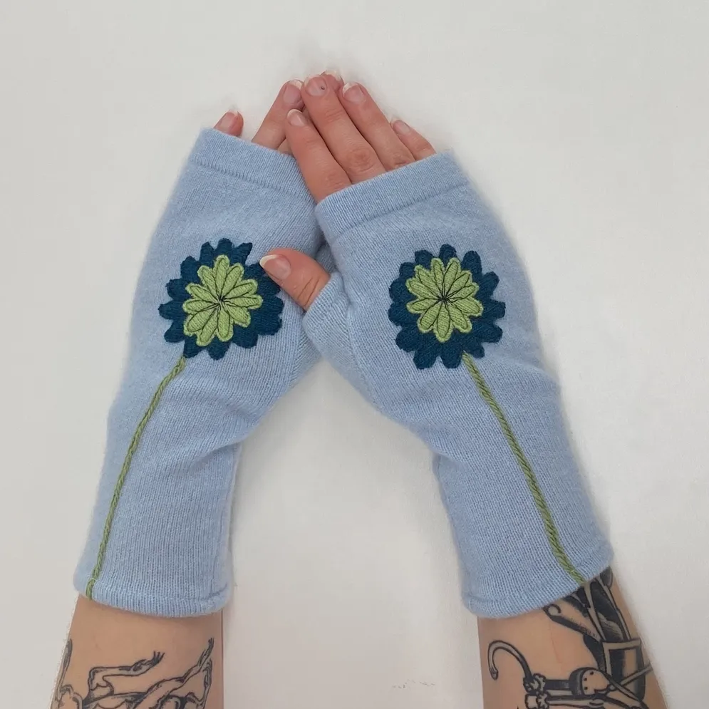 Zinnia - Blue on Light Blue Fingerless Cashmere Gloves