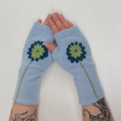 Zinnia - Blue on Light Blue Fingerless Cashmere Gloves