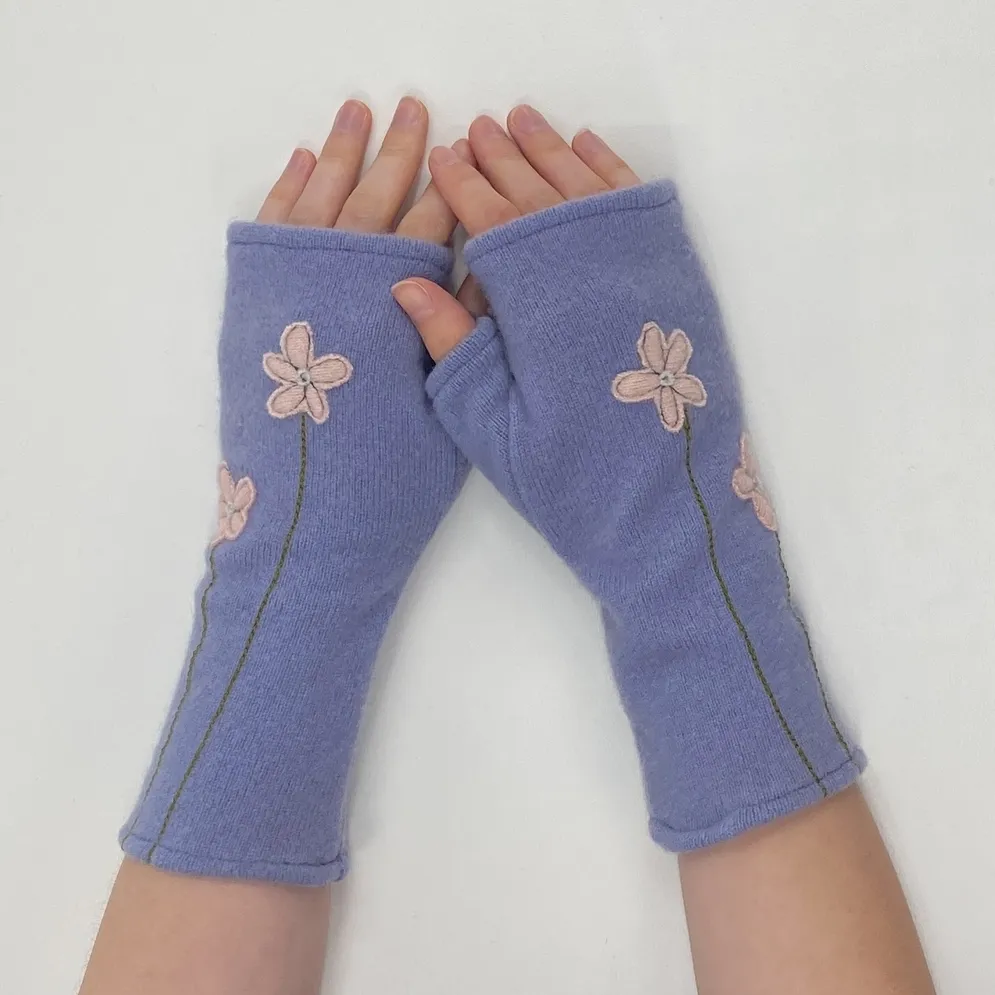 Wildflower - Pink on Purple Fingerless Cashmere Gloves