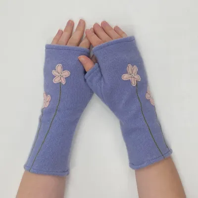 Wildflower - Pink on Purple Fingerless Cashmere Gloves