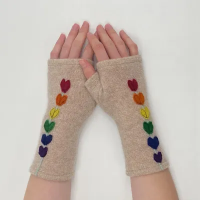 Lupine - Rainbow on Beige Fingerless Cashmere Gloves