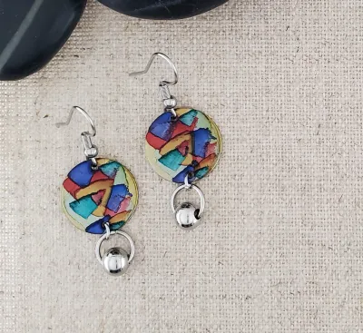 Alcohol Ink Stainless Steel Ball Connector   Earrings - Reds