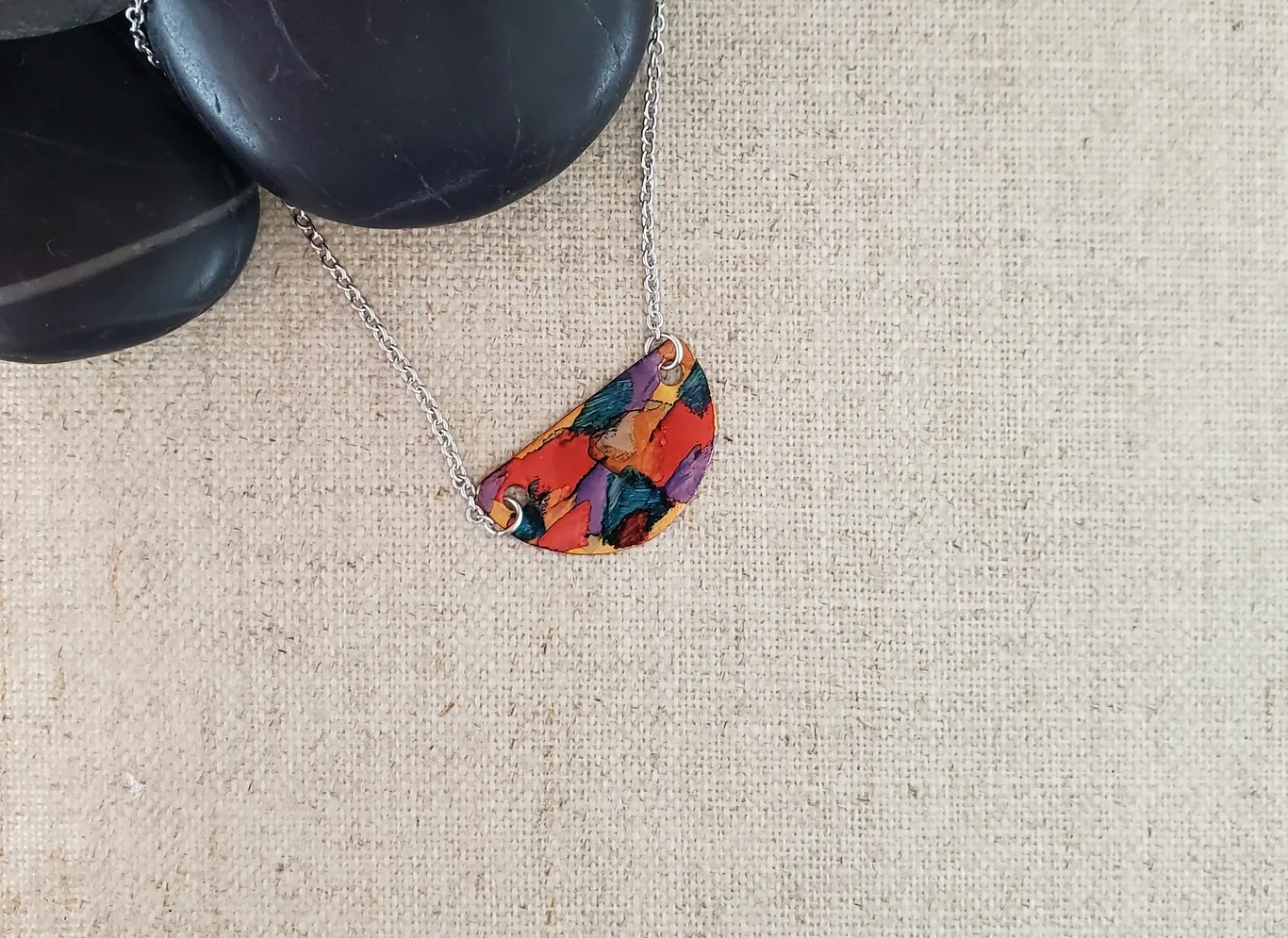 Small Alcohol Ink Half Moon Necklace - Reds