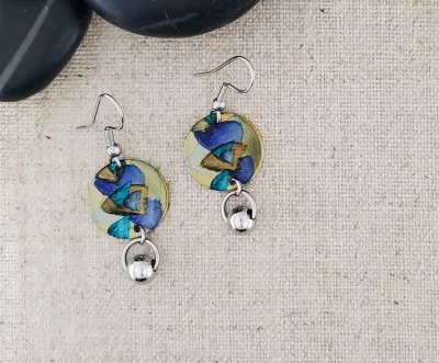 Alcohol Ink Stainless Steel Ball Connector   Earrings - Blue/Browns