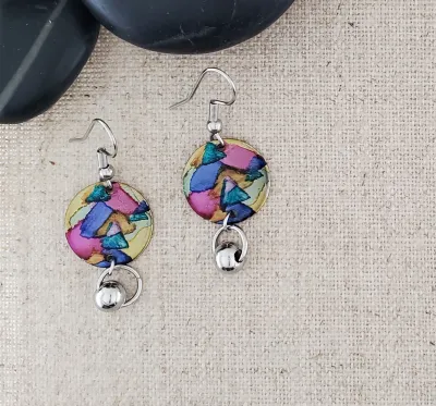 Alcohol Ink Stainless Steel Ball Connector   Earrings - Pinks