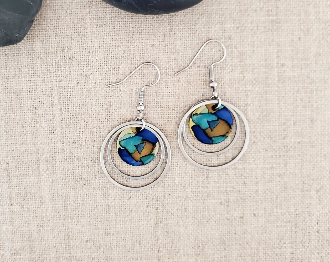 Alcohol Ink Stainless Steel Double Hoop Earrings - Blue/Browns