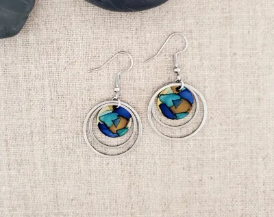 Alcohol Ink Stainless Steel Double Hoop Earrings - Blue/Browns