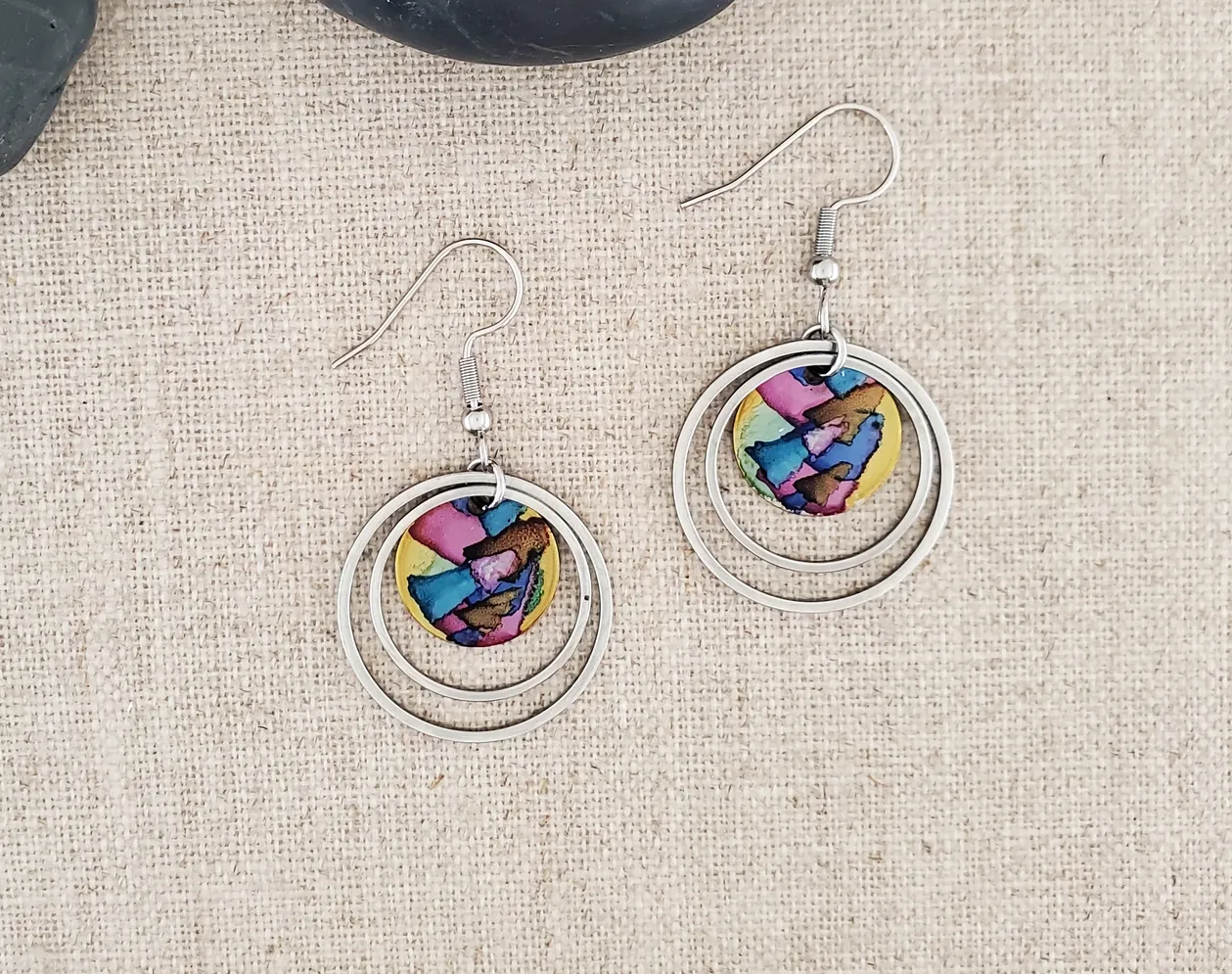 Alcohol Ink Stainless Steel Double Hoop Earrings - Pinks