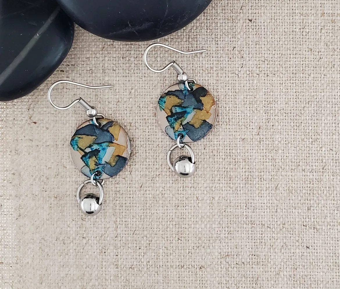 Alcohol Ink Stainless Steel Ball Connector   Earrings - Black