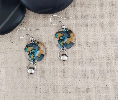 Alcohol Ink Stainless Steel Ball Connector   Earrings - Black