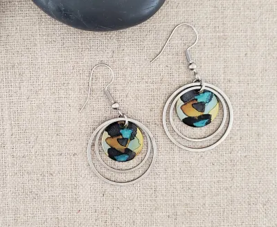 Alcohol Ink Stainless Steel Double Hoop Earrings - Black