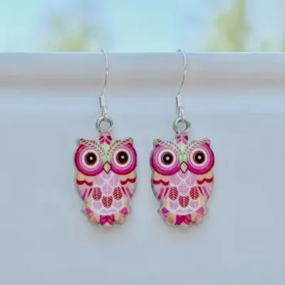 Metal Enameled Owl Pink Earrings