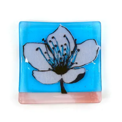 Cherry Blossom Fused Glass 4.5" Catch-all Dish - Turquoise