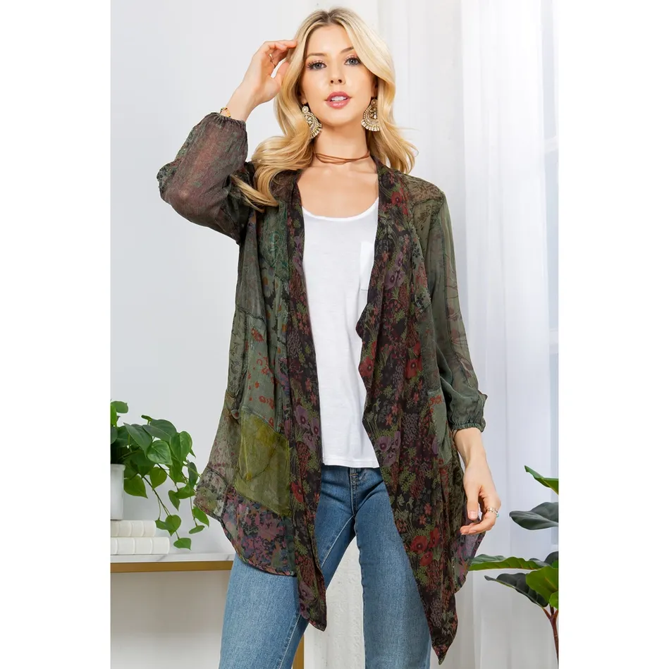 Western Kimono XL Shrug In Overdyed Mix N Match Patches - Basil