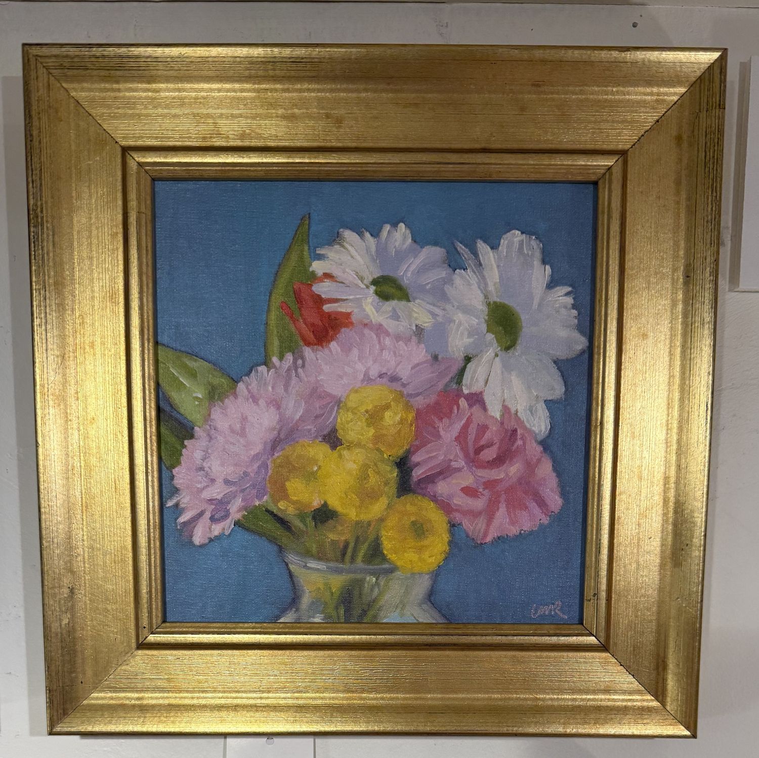 Bouquet On Blue 6x6 Oil On Wood Panel