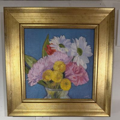 Bouquet On Blue 6x6 Oil On Wood Panel
