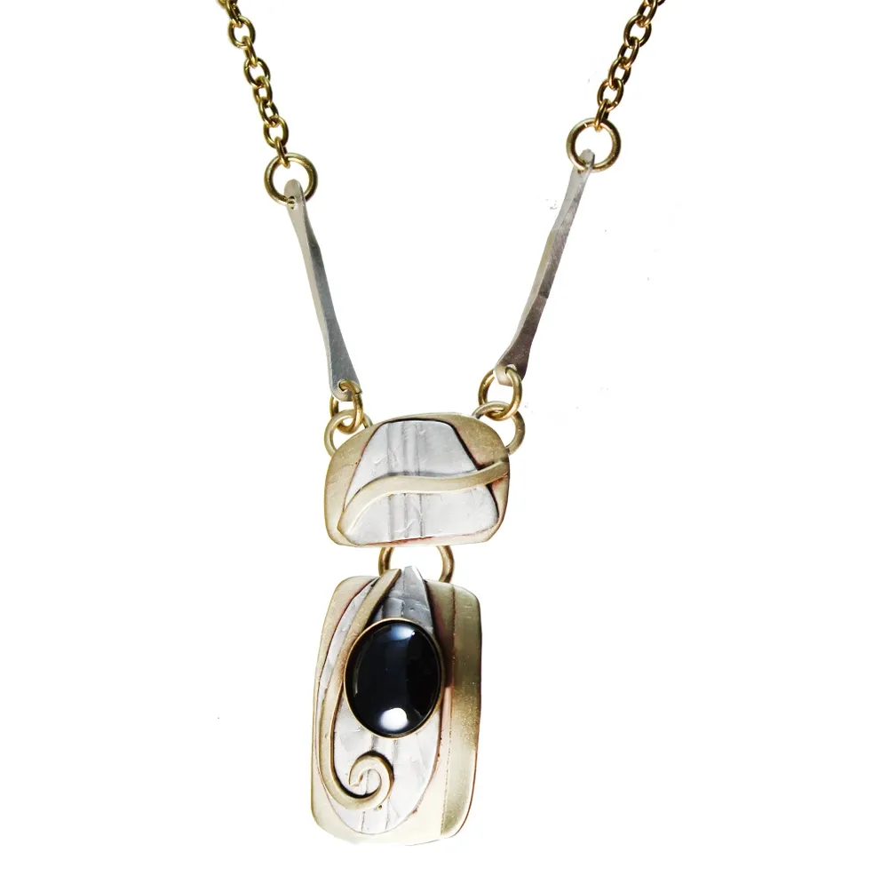 N3673 In Bloom Necklace Sterling and Brass Hematite  Handmade USA