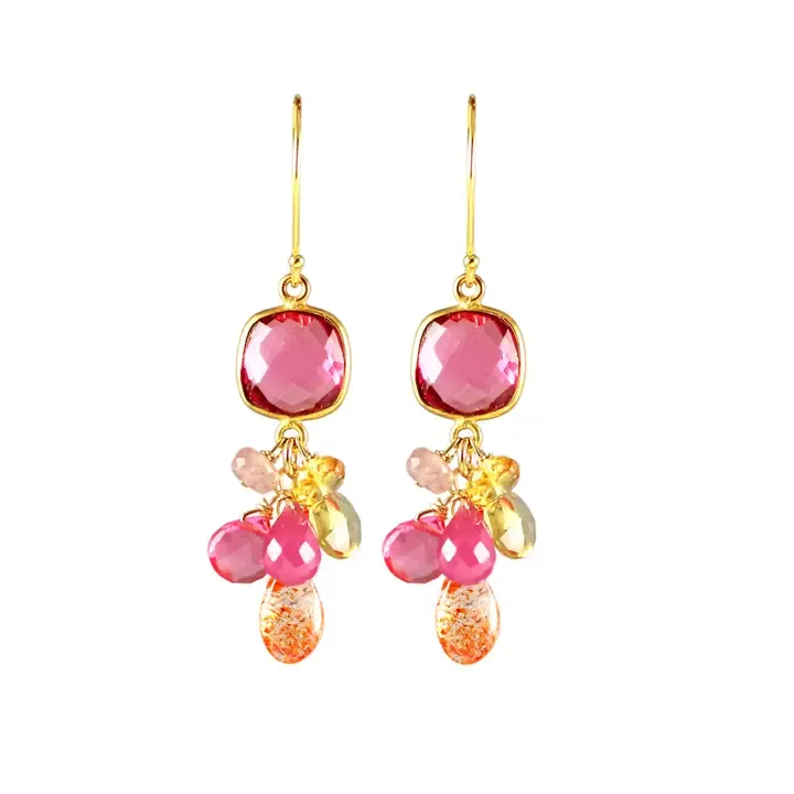 E-3996 QUARTZ, SUNSTONE, CORAL, CITRINE, SAPPHIRE EARRINGS