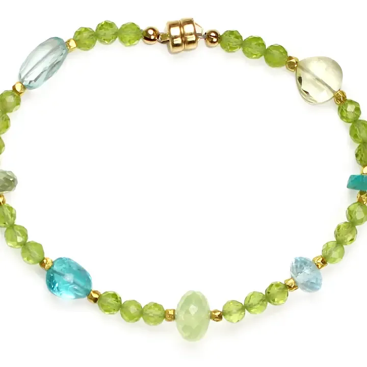 B-4045 PERIDOT, TOPAZ, PREHNITE, APATITE, AMETHYST BRACELET