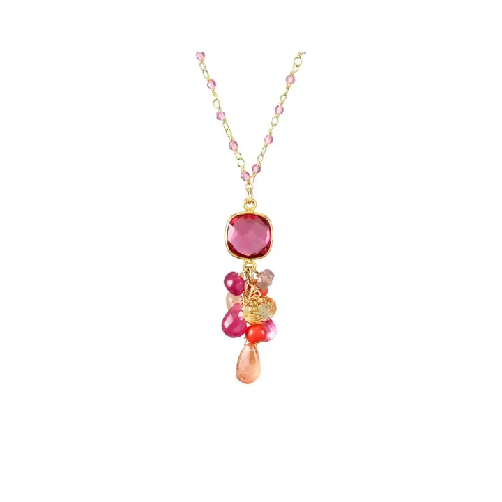 N-3992 QUARTZ, SUNSTONE, CORAL, CITRINE, SAPPHIRE NECKLACE