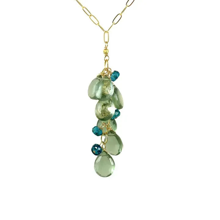 N-3635 Green Quartz, Blue Quartz Waterfall Gold Necklace