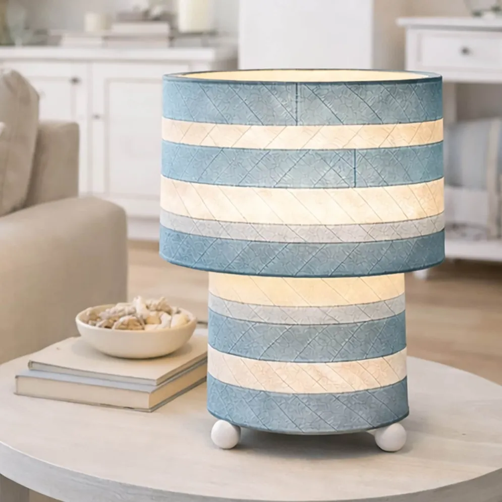 Striped Mushroom Table Lamp Sea Blue, Shade Made of Leaves