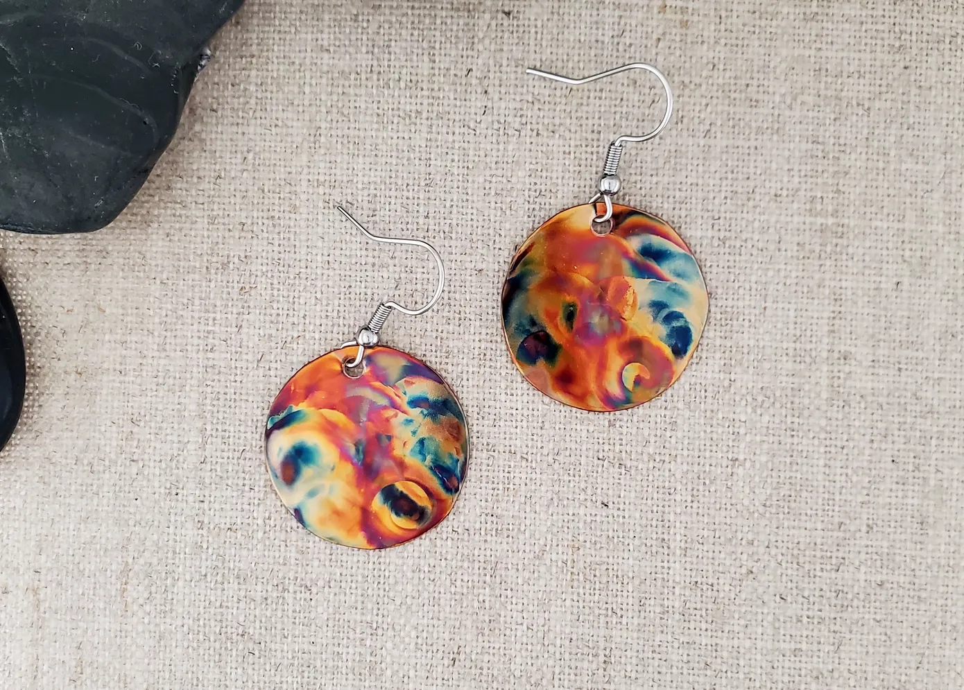 Flame Paint Copper Circle Earrings - Small