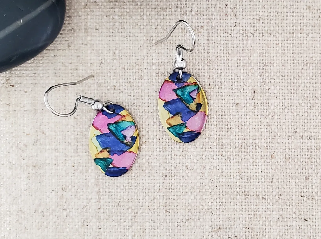 Alcohol Ink Stainless Steel Small Oval Earrings - Pinks