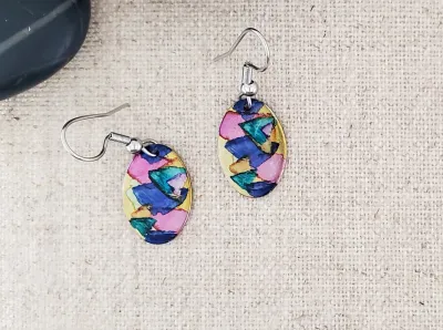 Alcohol Ink Stainless Steel Small Oval Earrings - Pinks