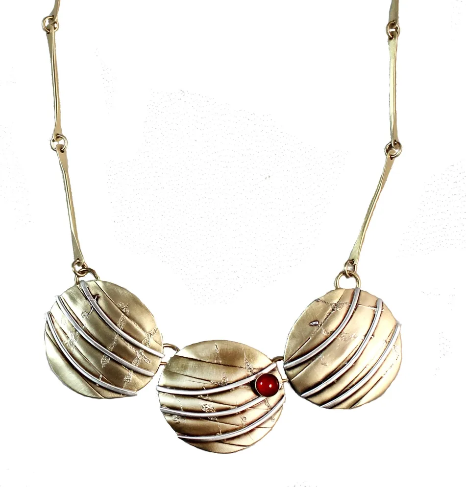 N3785 Reflections Necklace  Brass and Sterling Carnelian
