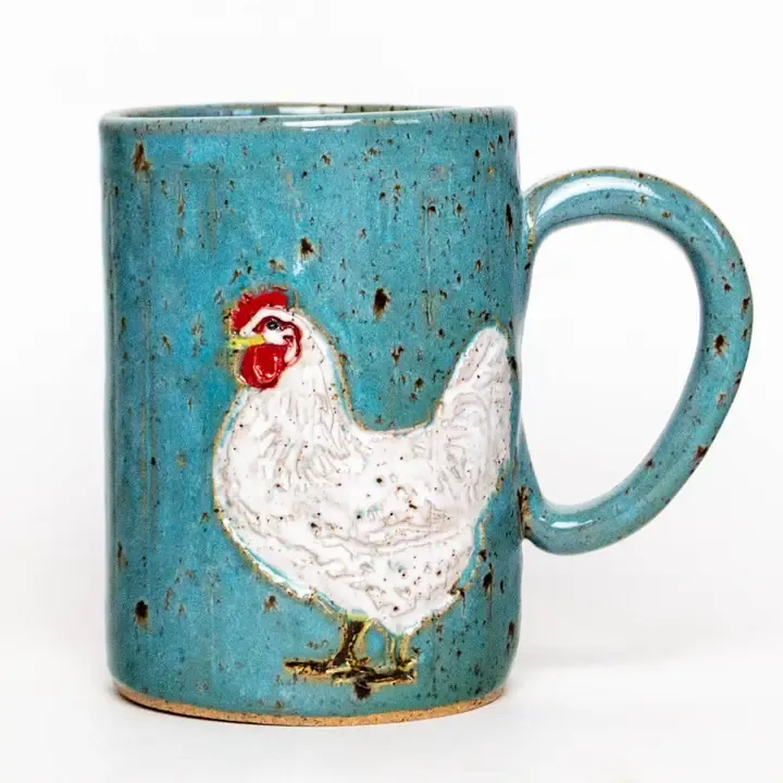 White Chicken Blue Spangled Mug 14 oz