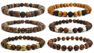 8BNX Wood Beaded Assorted Men's 8" Bracelet Stretch Jewelry
