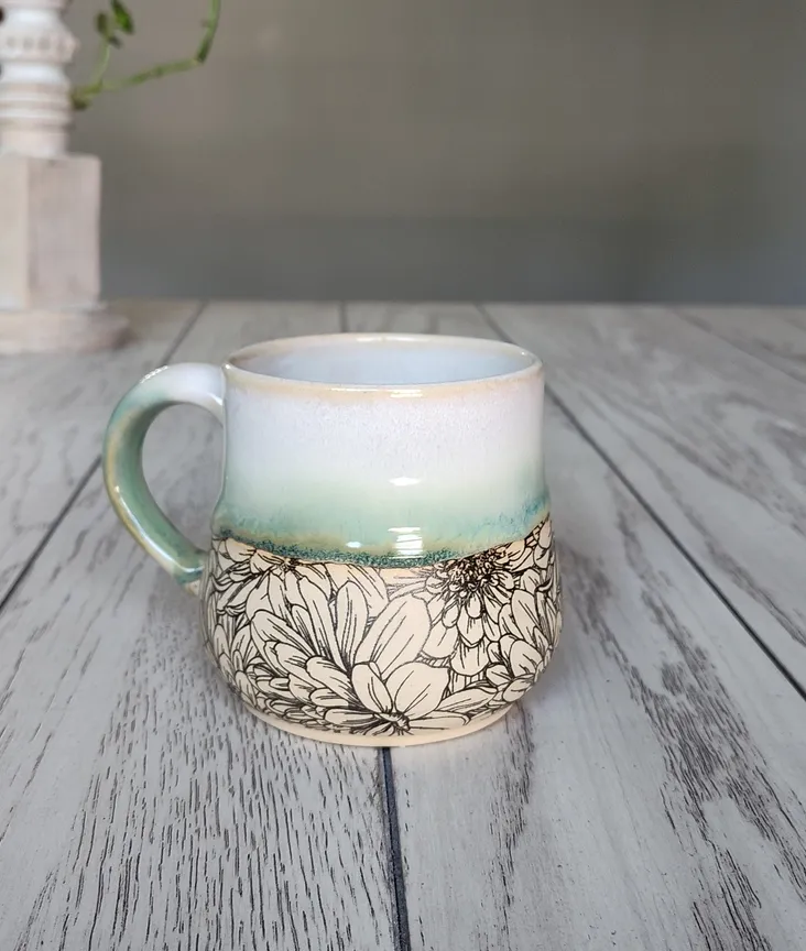 Flower Textured Green Mug – Handmade Ceramic (12-16 oz)