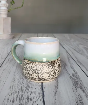 Flower Textured Green Mug – Handmade Ceramic (12-16 oz)