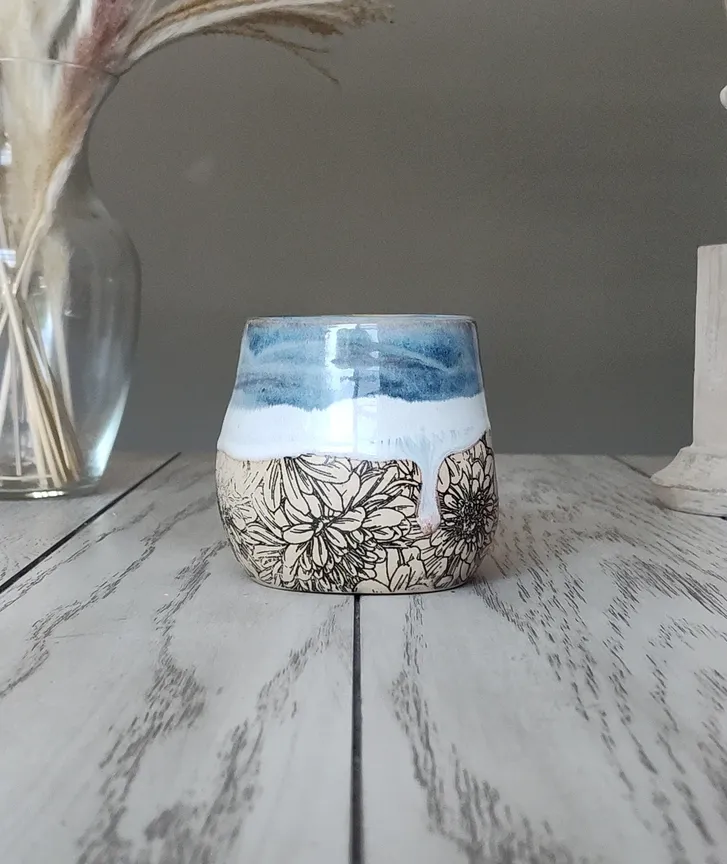 Ceramic Wine Glass – Floral Blue Stoneware Cup (10–12oz)