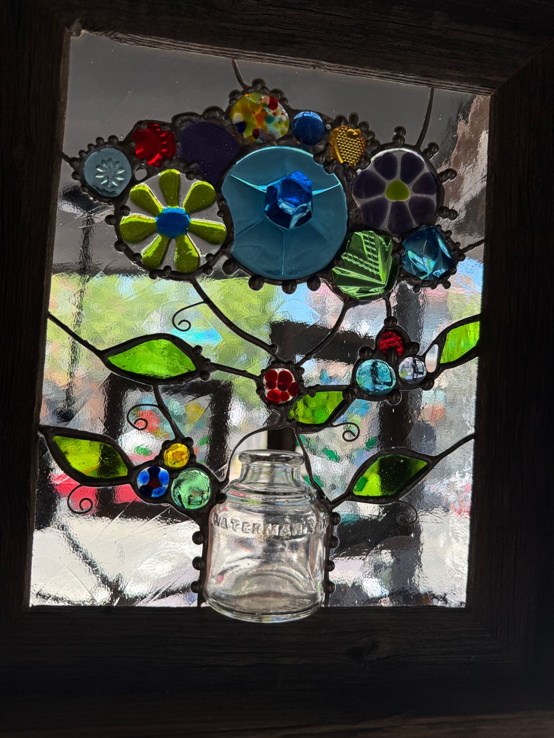 Barnwood Bottle multi w/blue flower 11.5"x13.5"