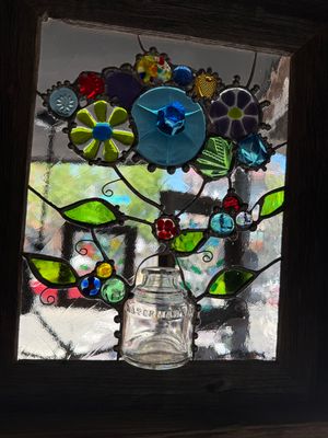 Barnwood Bottle multi w/blue flower 11.5"x13.5"