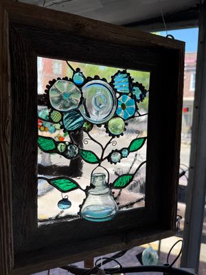 Barnwood Bottle shades of blue flowers 11.5"x13.5"