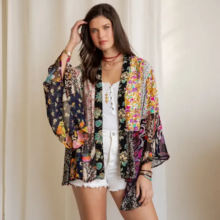 Printed Rayon Kimono Shrug with Embroidery (New Color) - Natural REGULAR (Small)
