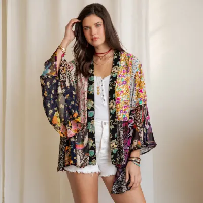 Printed Rayon Kimono Shrug with Embroidery (New Color) - Natural REGULAR (Xtra Large)